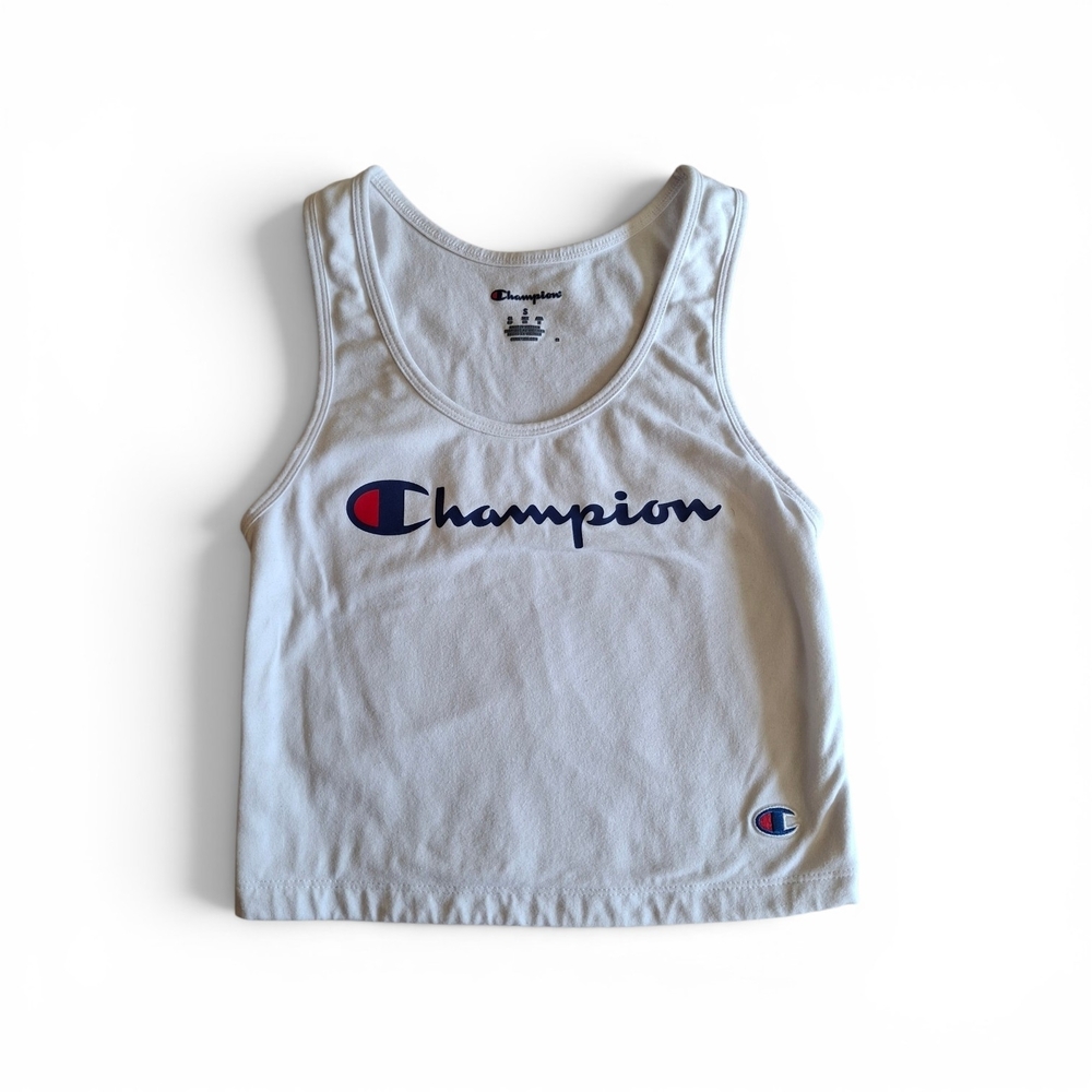 Champion White Crop Tank with Navy and Red Logo Small